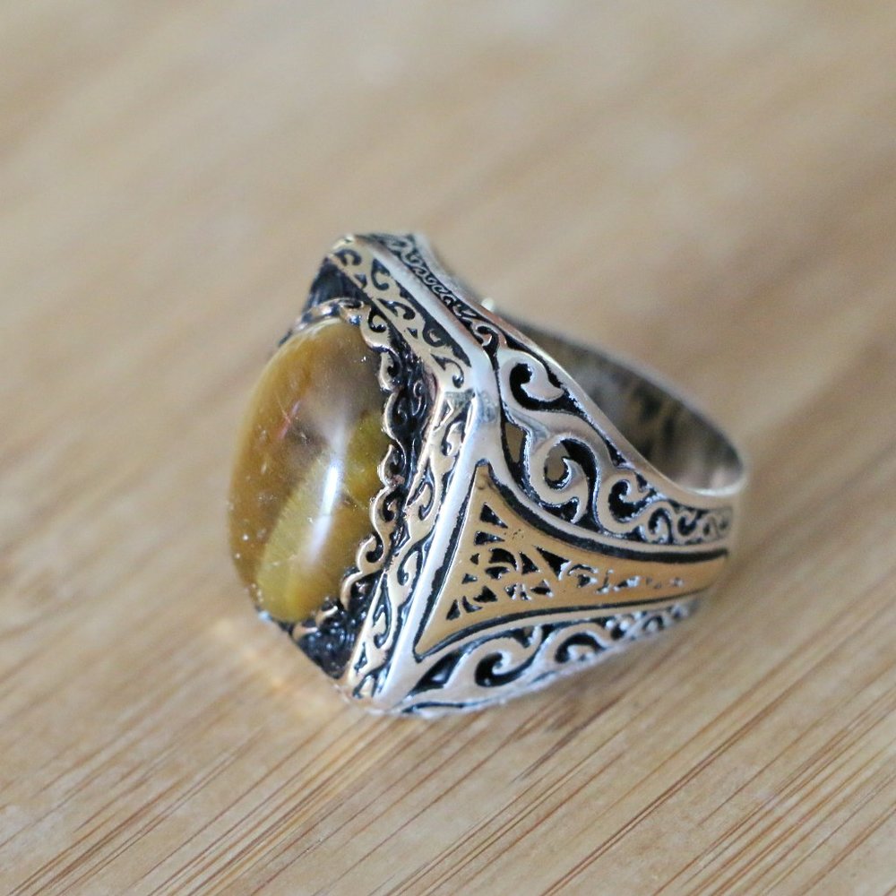 925 Sterling Silver Men's Ring with Tiger Eye -Super Elegant - Picture 7 of 13